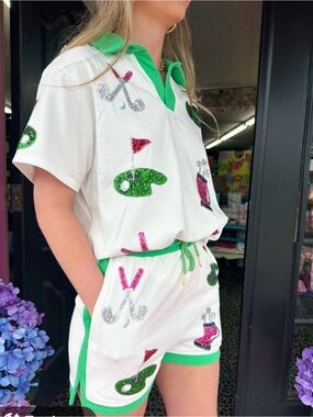 Two piece golf Set White Shorts with Green Trim and Sequin Golf Motifs